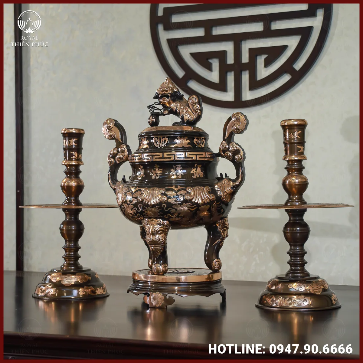 Bộ tam sự nến đồng đỏ cạo màu chạm sòi cao 60cm