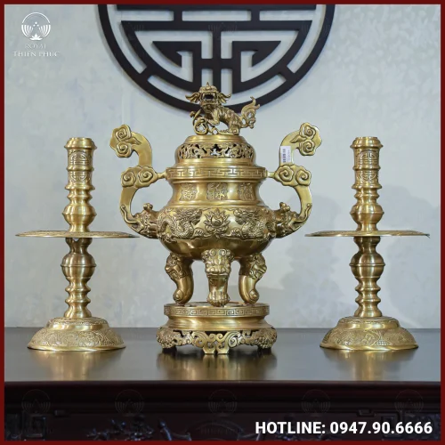 Bộ tam sự nến đồng vàng mộc song long chầu nguyệt 60cm