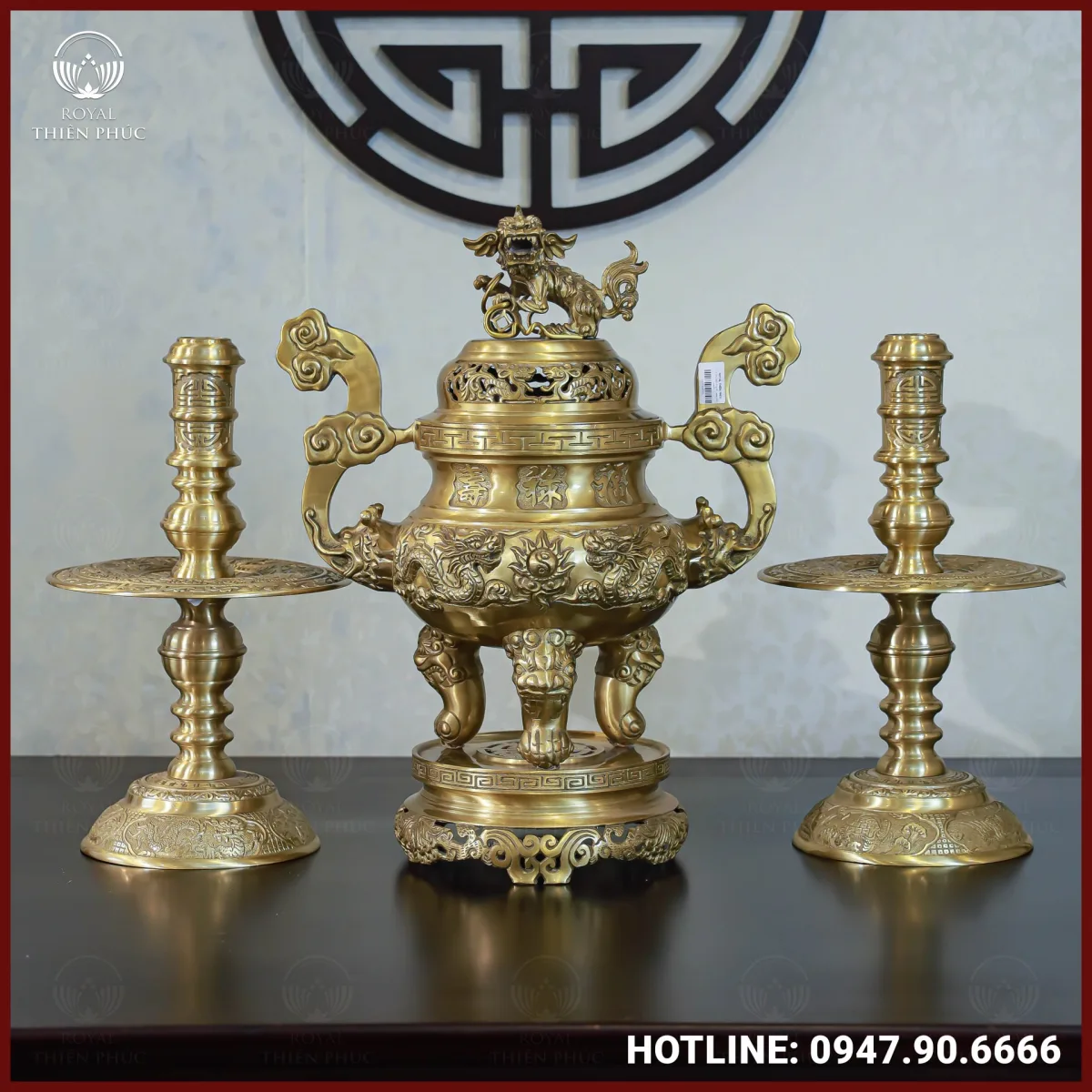 Bộ tam sự nến đồng vàng mộc song long chầu nguyệt 60cm