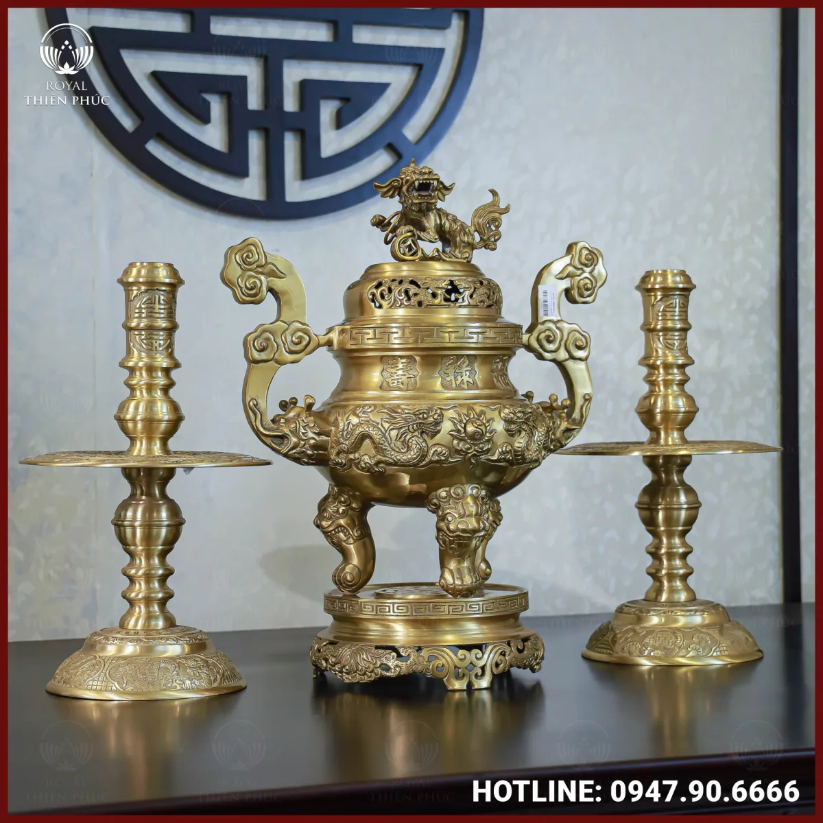 Bộ tam sự nến đồng vàng mộc song long chầu nguyệt 60cm
