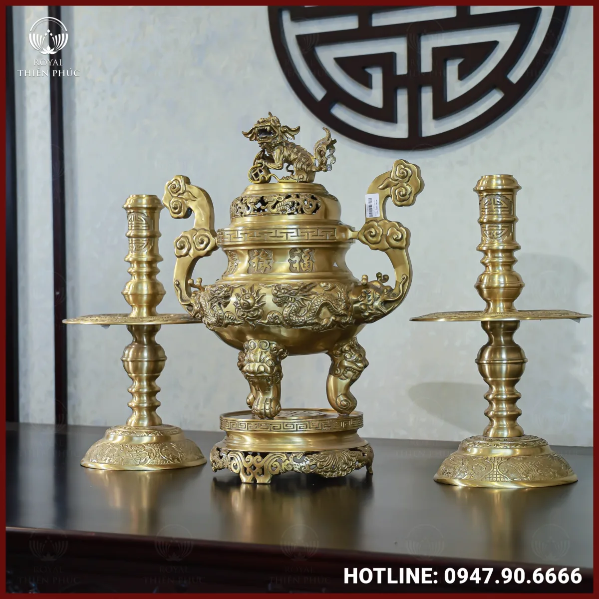 Bộ tam sự nến đồng vàng mộc song long chầu nguyệt 60cm