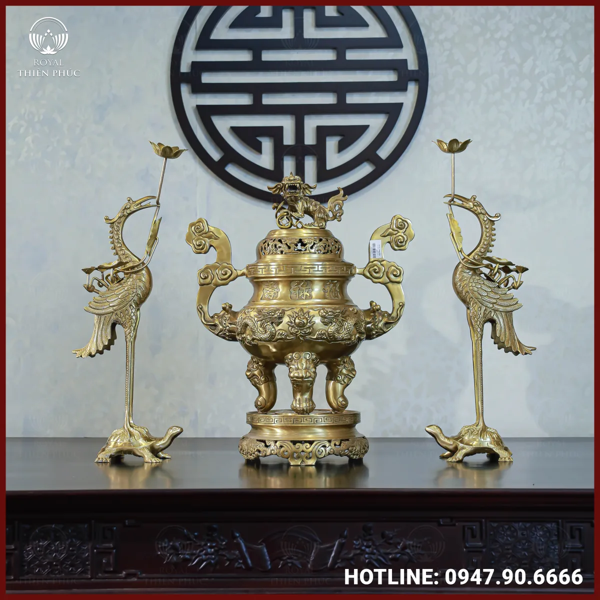 Bộ tam sự hạc đồng vàng mộc song long chầu nguyệt 60cm