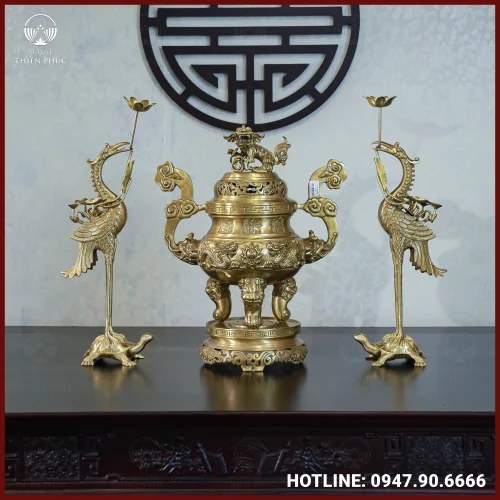 Bộ tam sự hạc đồng vàng mộc song long chầu nguyệt 60cm