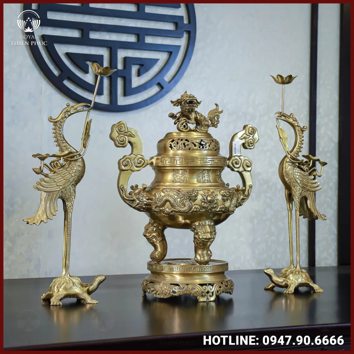 Bộ tam sự hạc đồng vàng mộc song long chầu nguyệt 60cm