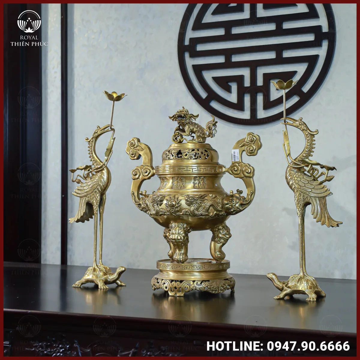 Bộ tam sự hạc đồng vàng mộc song long chầu nguyệt 60cm
