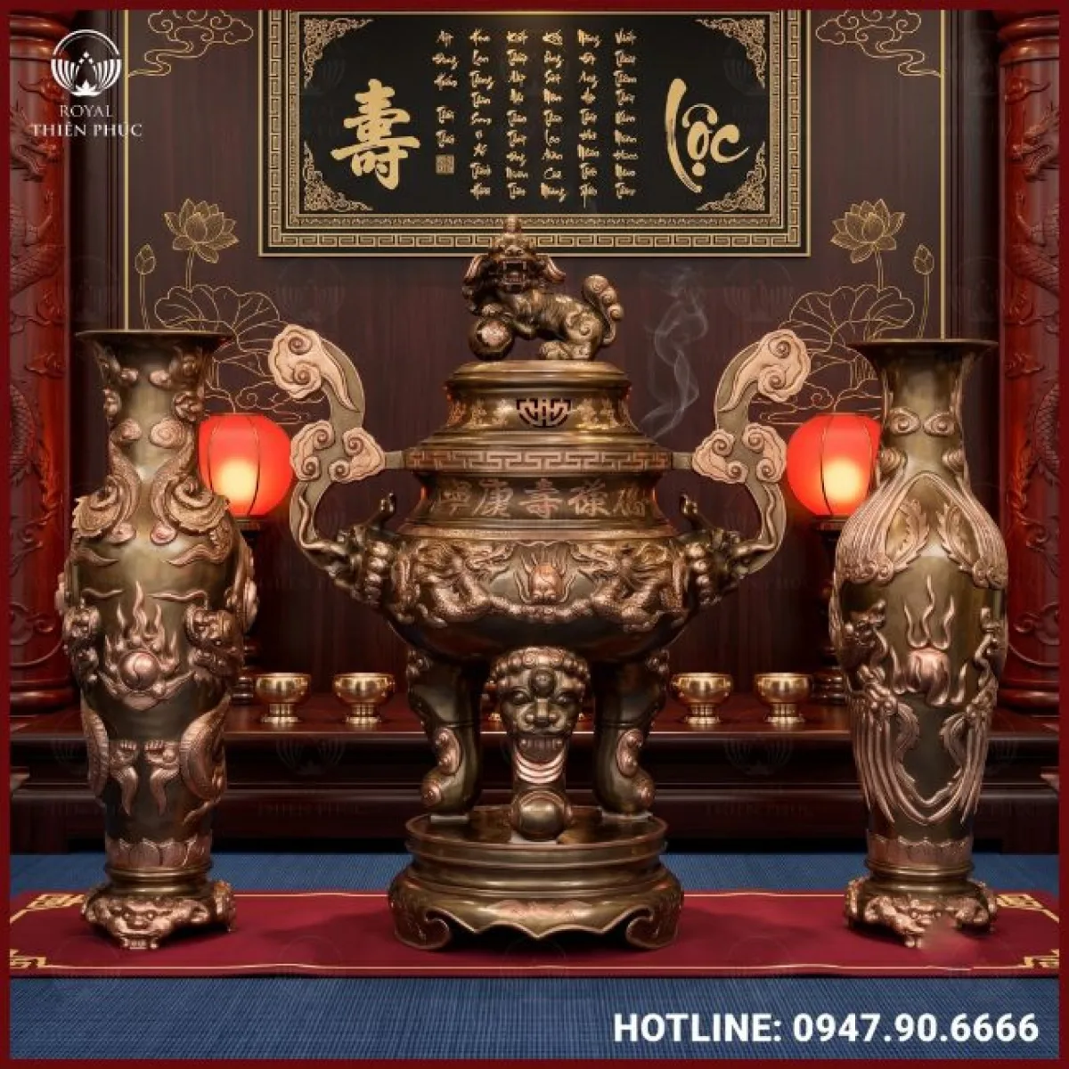Đỉnh đồng đỏ cỡ lớn chạm song long quai mây hóa long