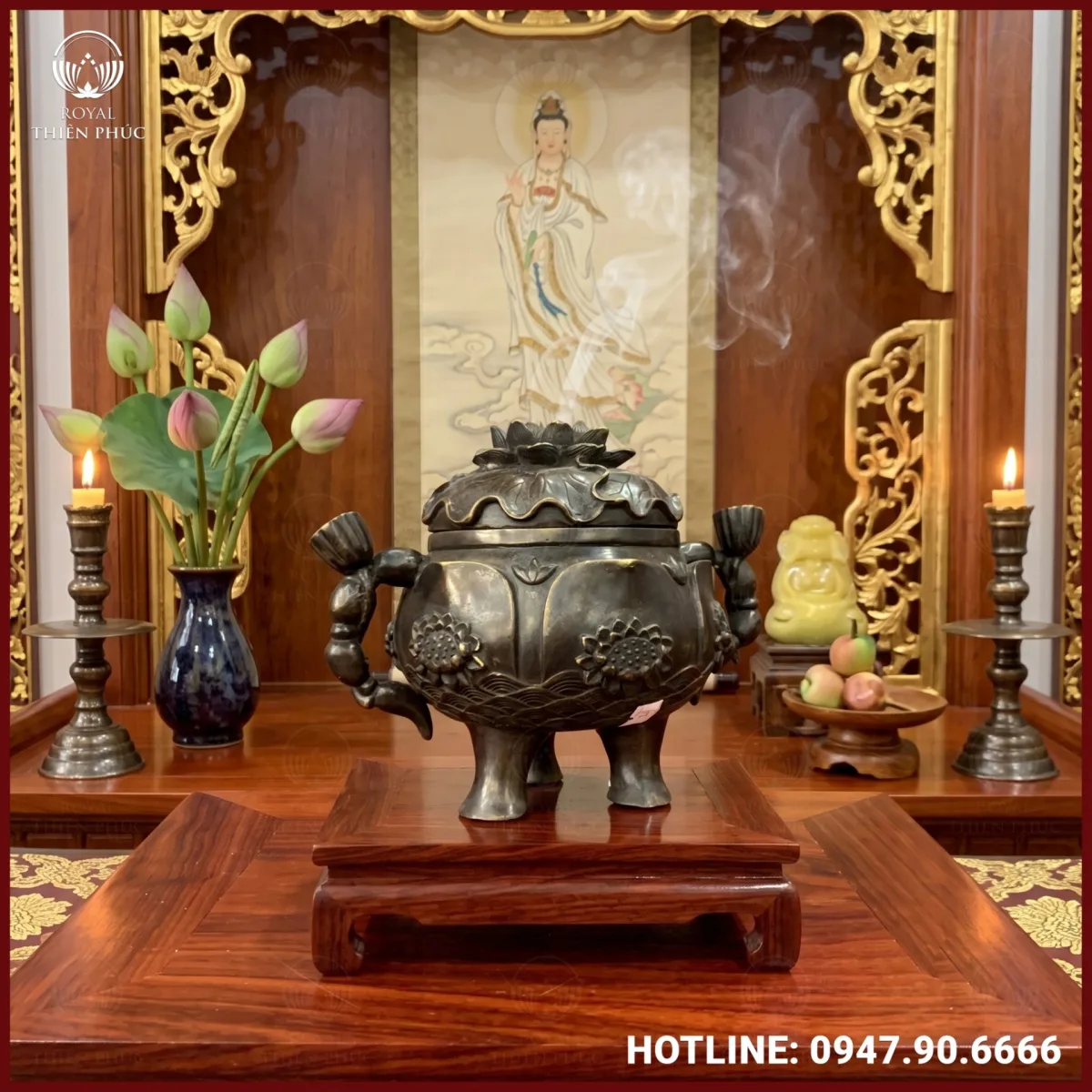 Lư đốt trầm bằng đồng vàng hun nâu nắp hoa sen