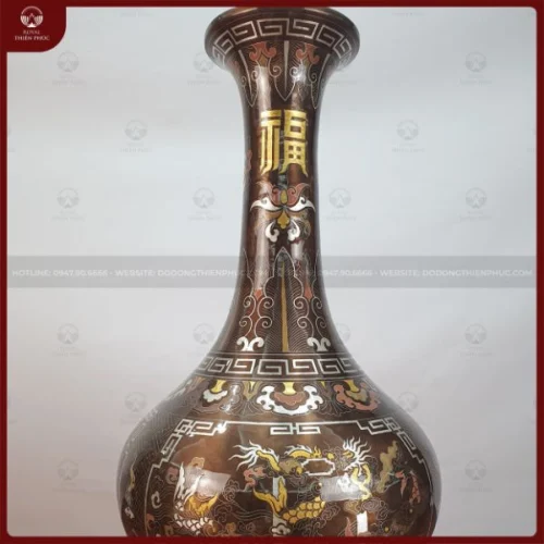 Lọ lộc bình củ tỏi bằng đồng đỏ khảm ngũ sắc cao 68cm