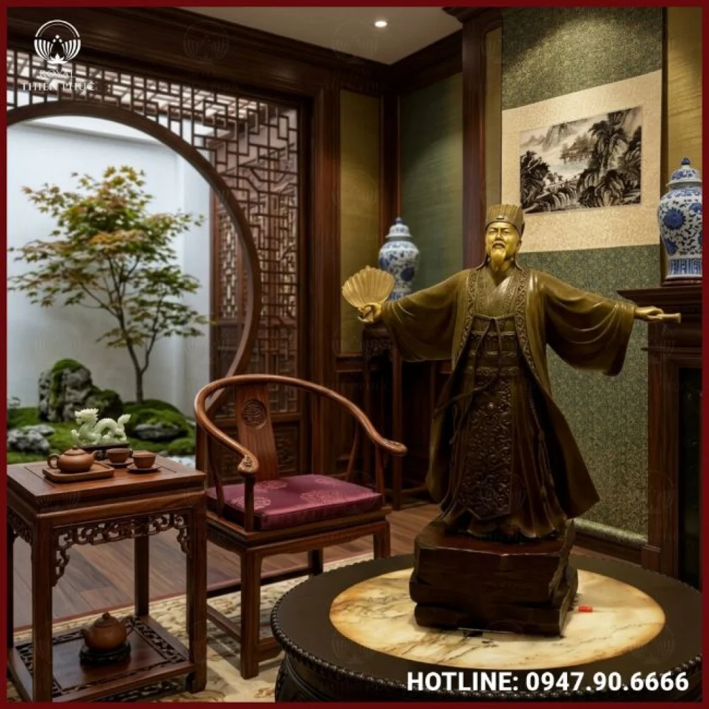 Tượng Khổng Minh đứng bằng đồng vàng giả cổ