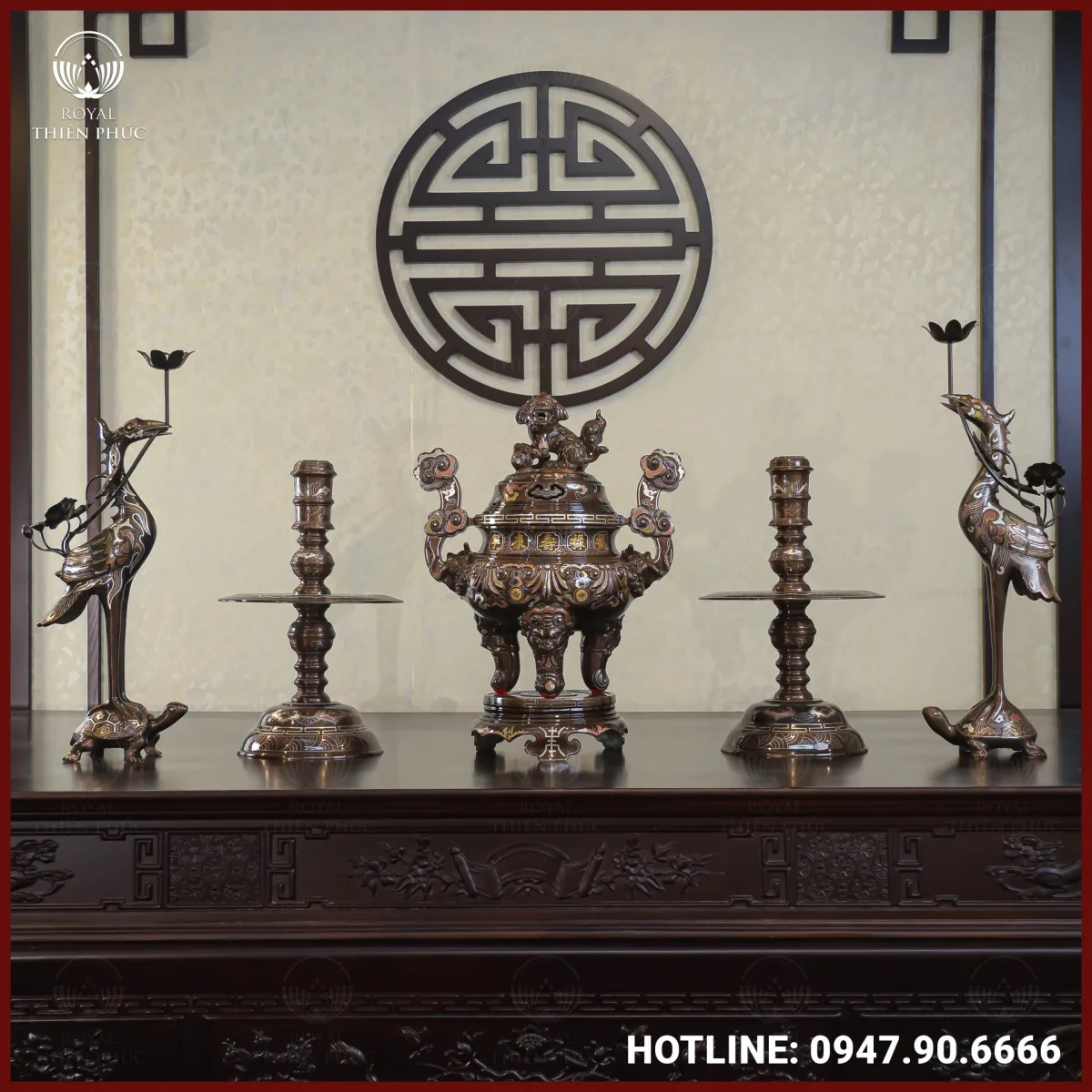 Bộ ngũ sự đồng đỏ khảm ngũ sắc chạm sòi cao 50cm