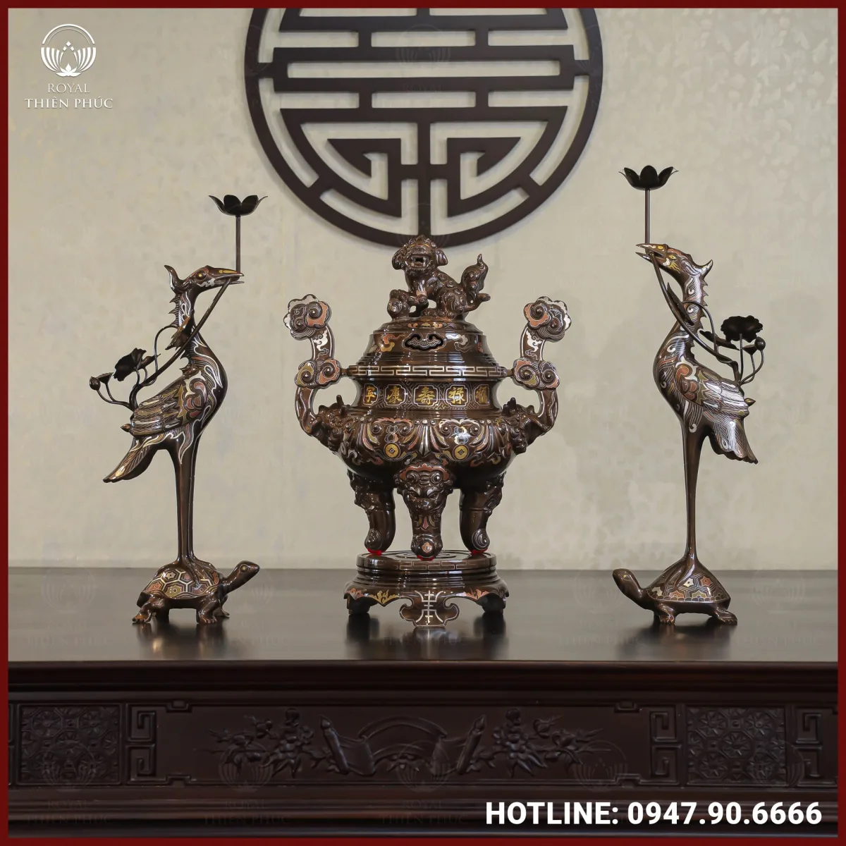 Bộ tam sự hạc đồng đỏ khảm ngũ sắc chạm sòi 50cm