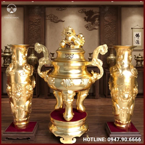 Đỉnh mao rồng bằng đồng chạm hoa sòi thếp vàng 1m4