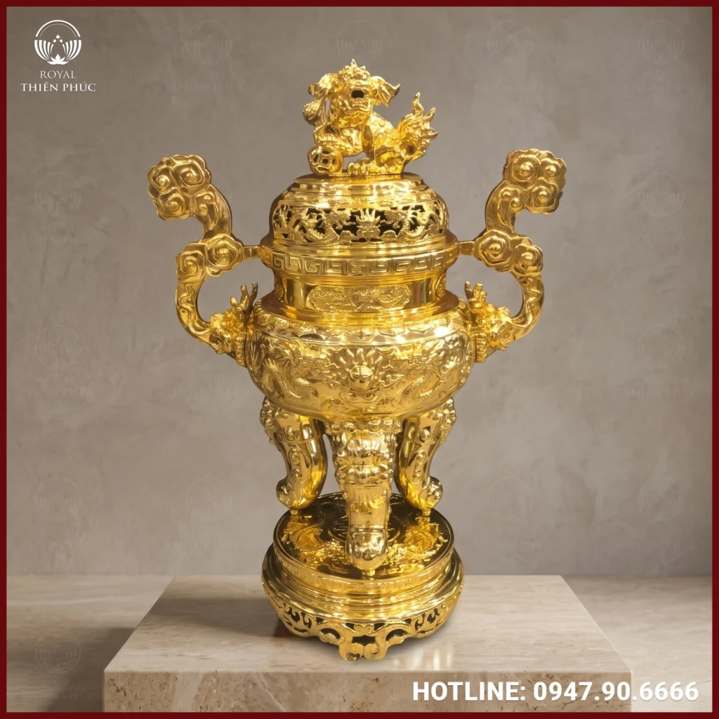 Đỉnh đồng song long chầu nguyệt bằng đồng mạ vàng 24k