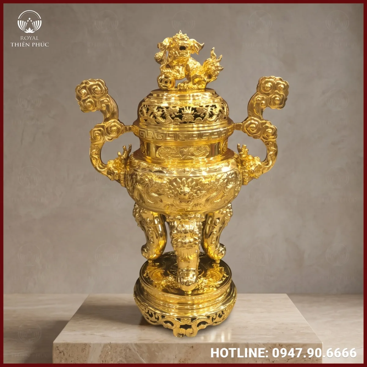 Đỉnh đồng song long chầu nguyệt bằng đồng mạ vàng 24k