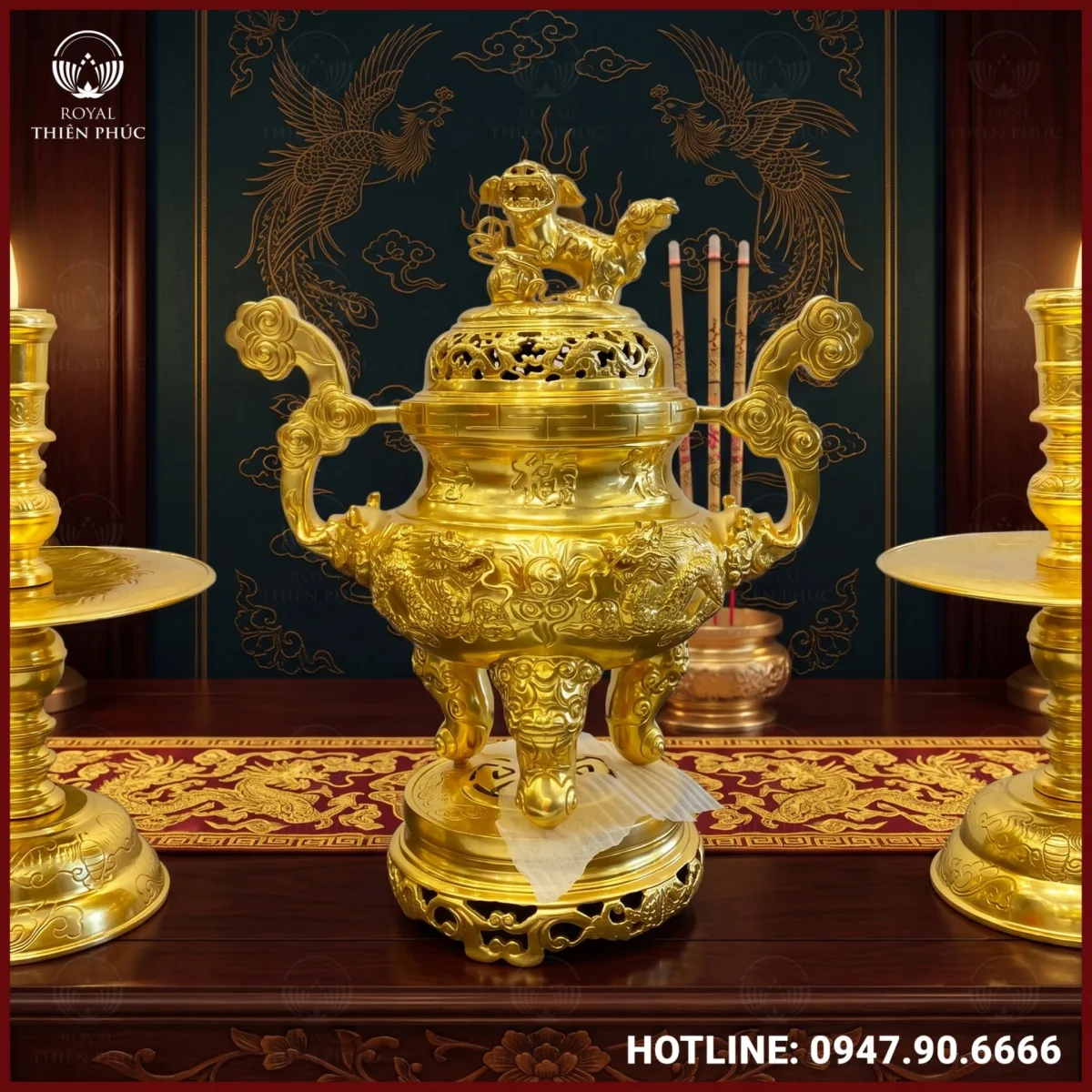 Bộ tam sự nến chạm song long dát vàng 9999