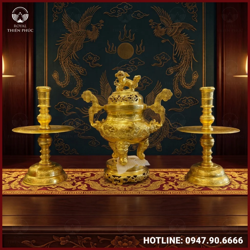 Bộ tam sự nến chạm song long dát vàng 9999