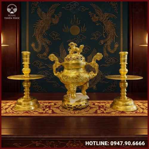 Bộ tam sự nến chạm song long dát vàng 9999