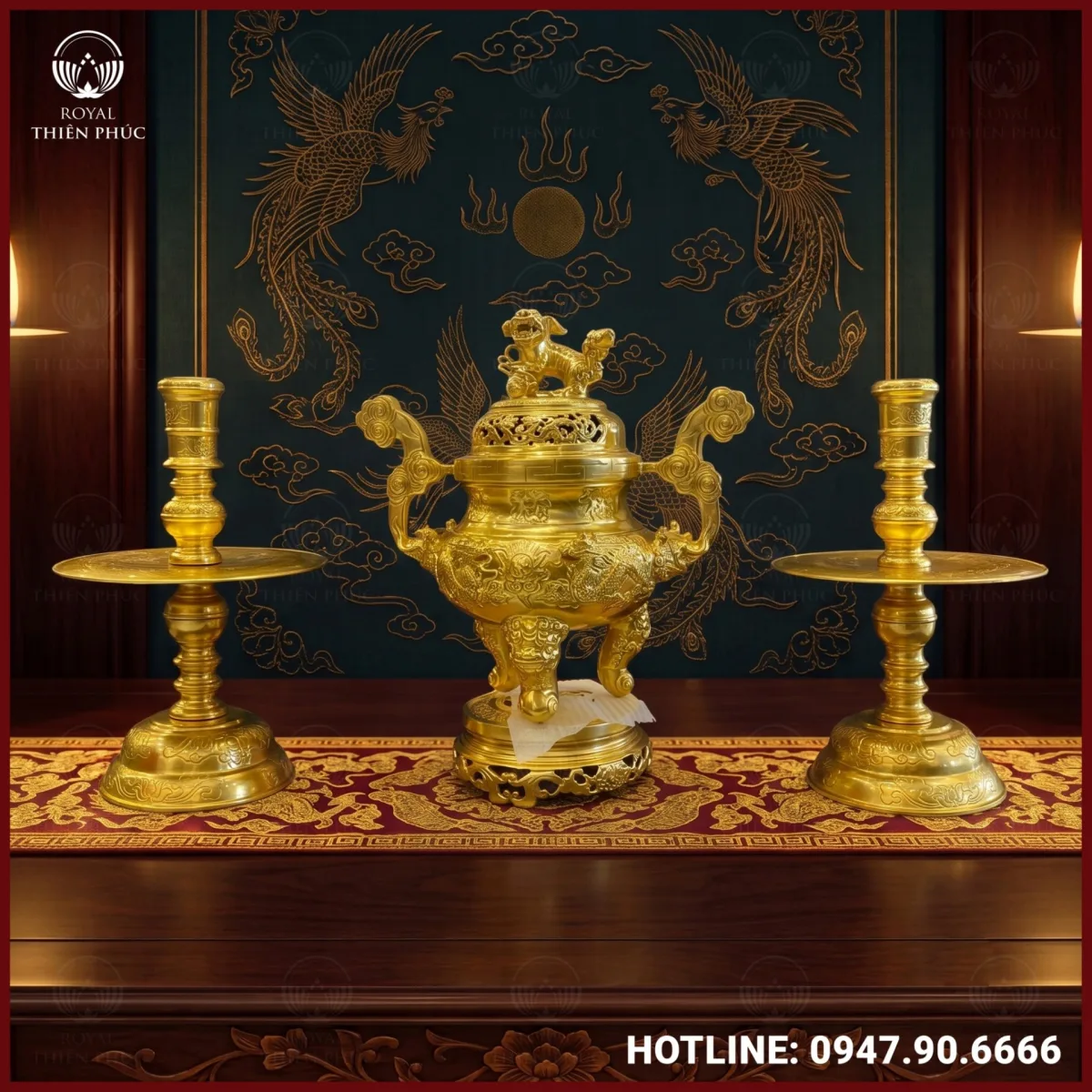Bộ tam sự nến chạm song long dát vàng 9999