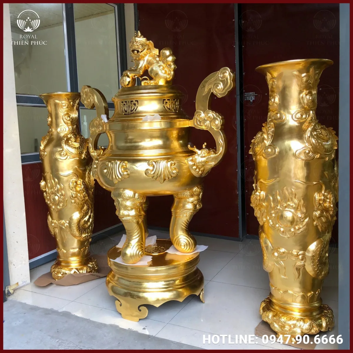 Đỉnh mao rồng bằng đồng chạm hoa sòi thếp vàng 1m4