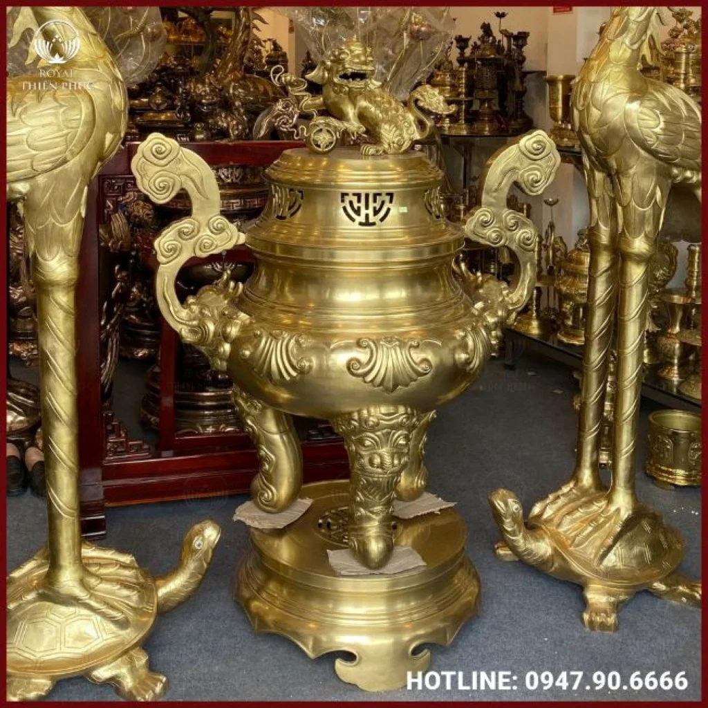 Đôi hạc thờ đồng đỏ khảm tam khí cao 2m2