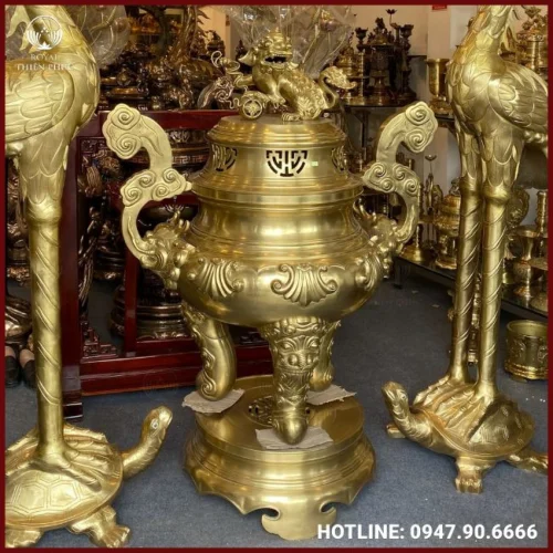 Đôi hạc thờ đồng đỏ khảm tam khí cao 2m2