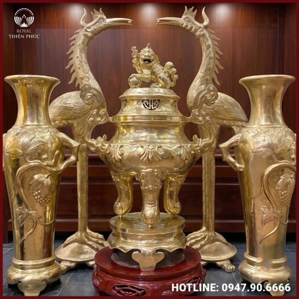 Đôi hạc thờ ngậm sen bằng đồng vàng cattut cao 2m2