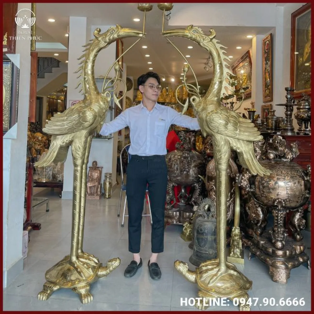 Đôi hạc thờ ngậm sen bằng đồng vàng cattut cao 2m2