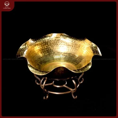 Bát thả hoa tụ lộc bằng đồng vàng đường kính 24cm kèm giá đỡ