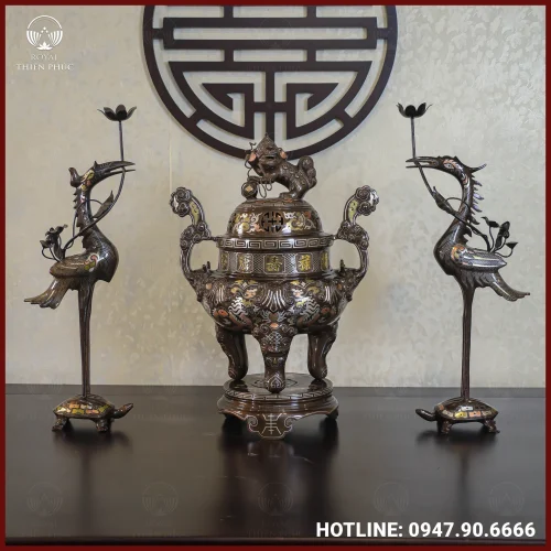 Bộ tam sự hạc chạm sòi đồng đỏ khảm tam khí kỹ cao 60cm