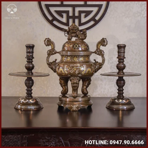 Bộ tam sự nến đồng đỏ khảm tam khí thường dát điểm vàng cao 60cm