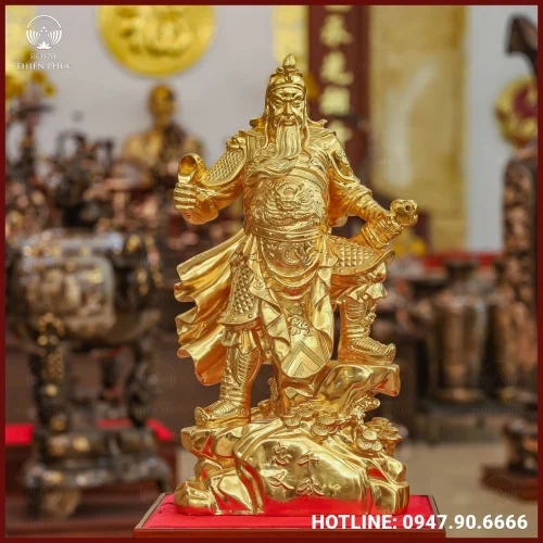 Tượng Quan Vân Trường đứng bệ tùng dát vàng cao 63cm
