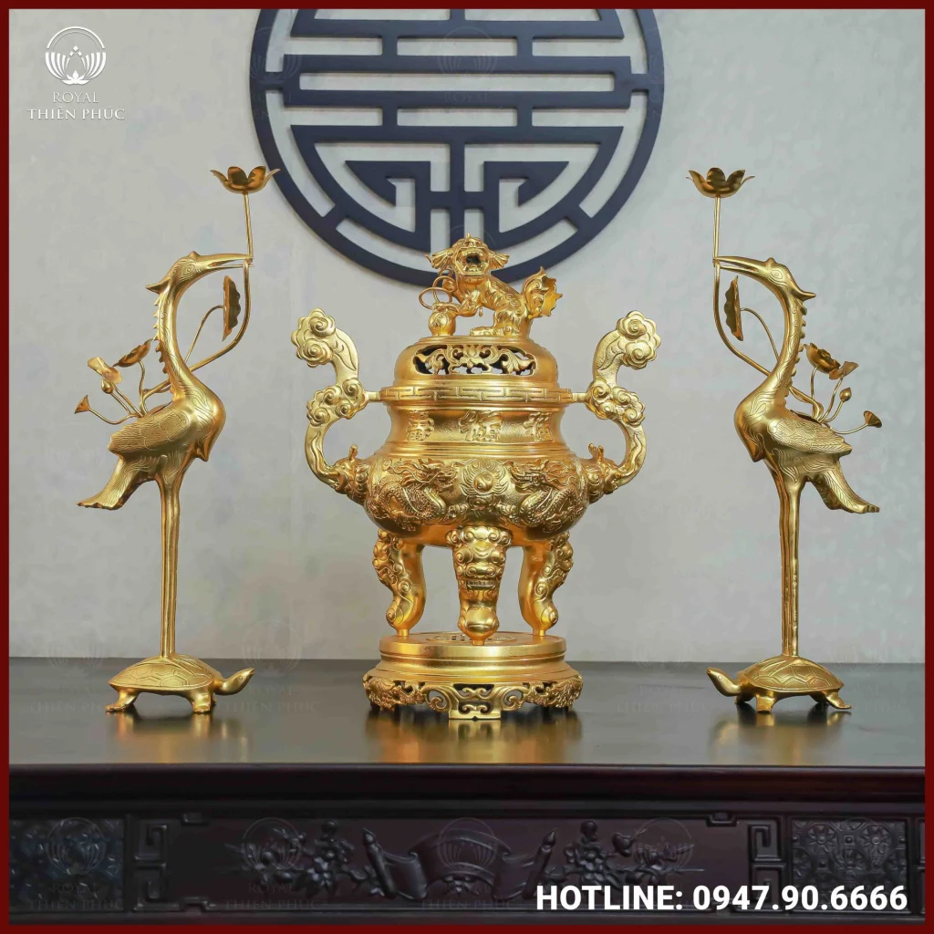 Bộ tam sự hạc song long chầu nguyệt đồng đỏ dát vàng cao 60cm