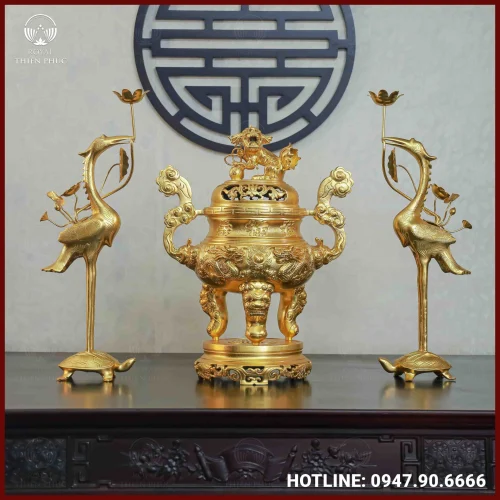 Bộ tam sự hạc song long chầu nguyệt đồng đỏ dát vàng cao 60cm