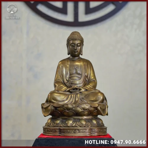 Tượng Phật A Di Đà đồng vàng làm màu giả cổ cao 30cm