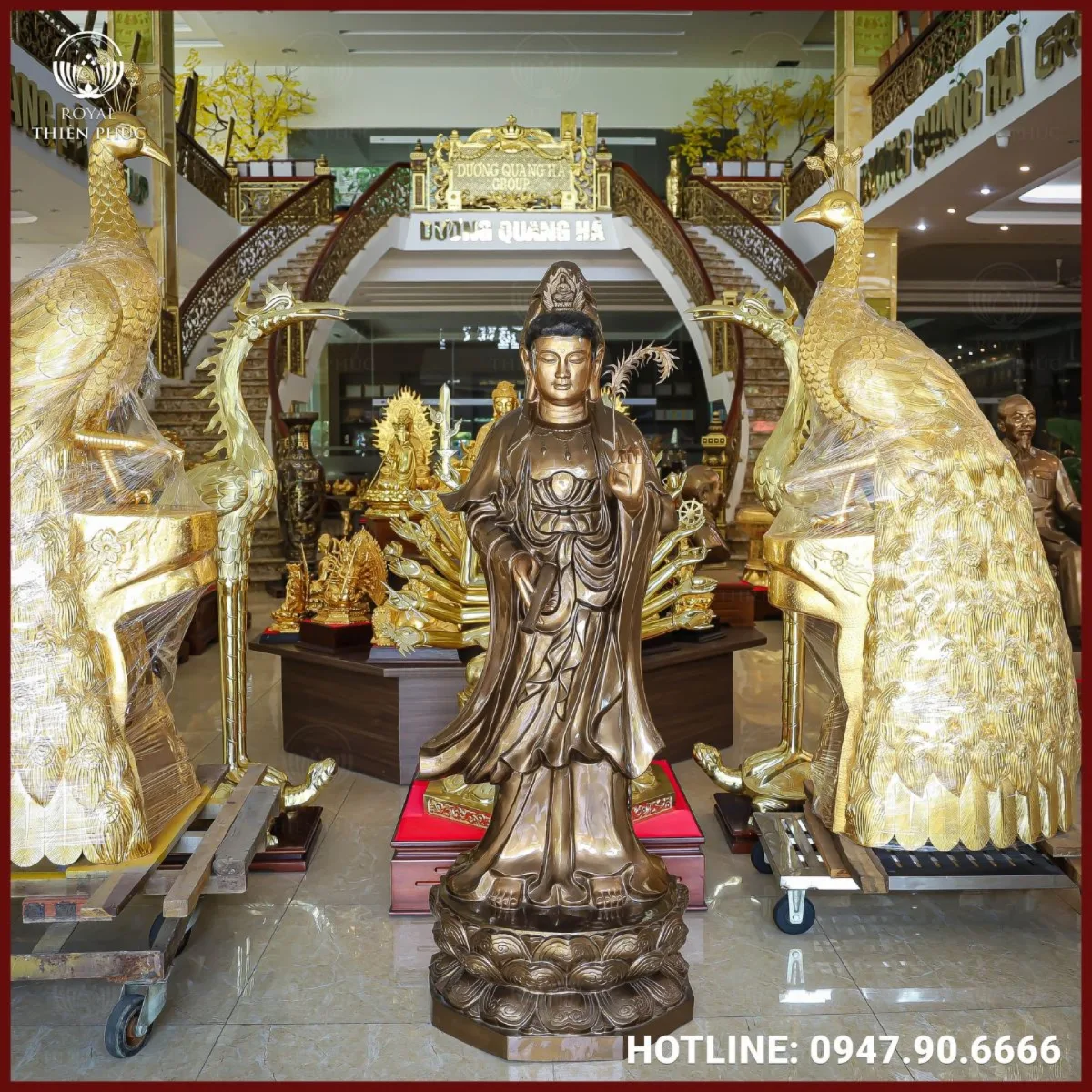Tượng Phật Quan Âm đồng đỏ làm màu cao 1m8