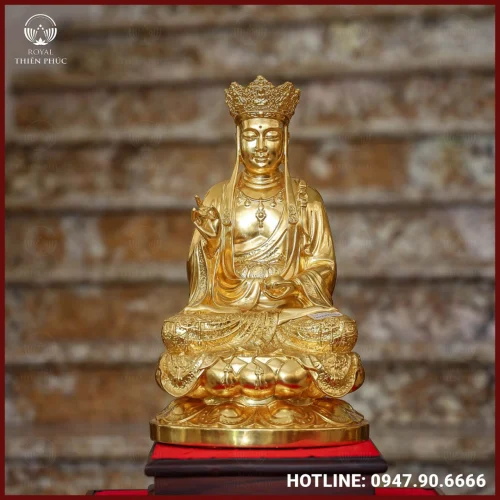Tượng Địa Tạng Vương Bồ Tát đồng đỏ dát vàng cao 40cm