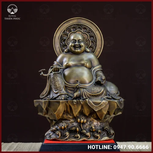 Tượng Phật Di Lạc ngồi  bệ đá đồng vàng hun cao 40cm ngang 28cm