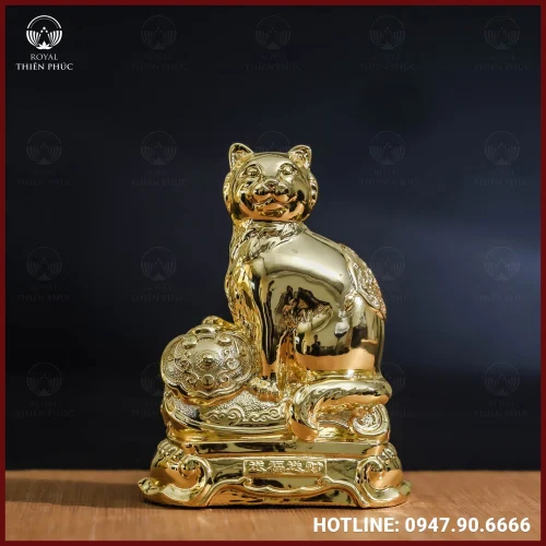 Tượng mèo đồng vàng mạ vàng kích thước 17x13cm nặng 1kg