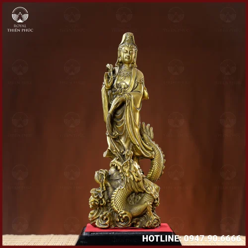 Tượng Quán Âm Bồ Tát cưỡi rồng đồng vàng cao 30cm ngang 11cm