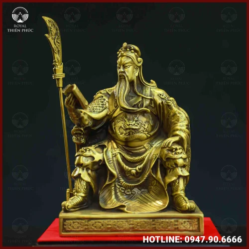 Tượng Quan Công đọc sách đồng vàng kích thước 24x17cm