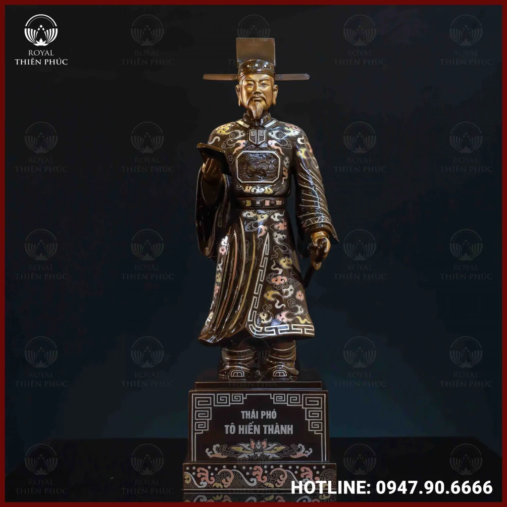 Tượng Tô Hiến Thành đồng đỏ khảm tam khí kích thước 70x23x40cm
